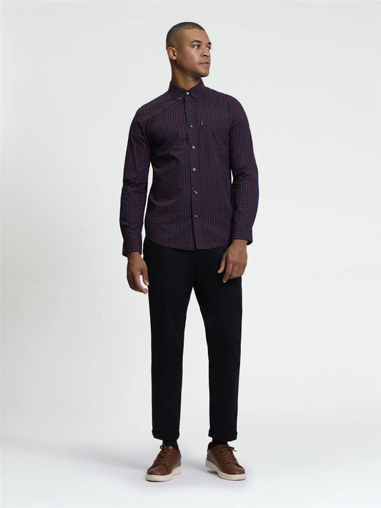 Ben Sherman long sleeve house check shirt in sienna, featuring classic plaid pattern and button-down collar, styled for casual wear.