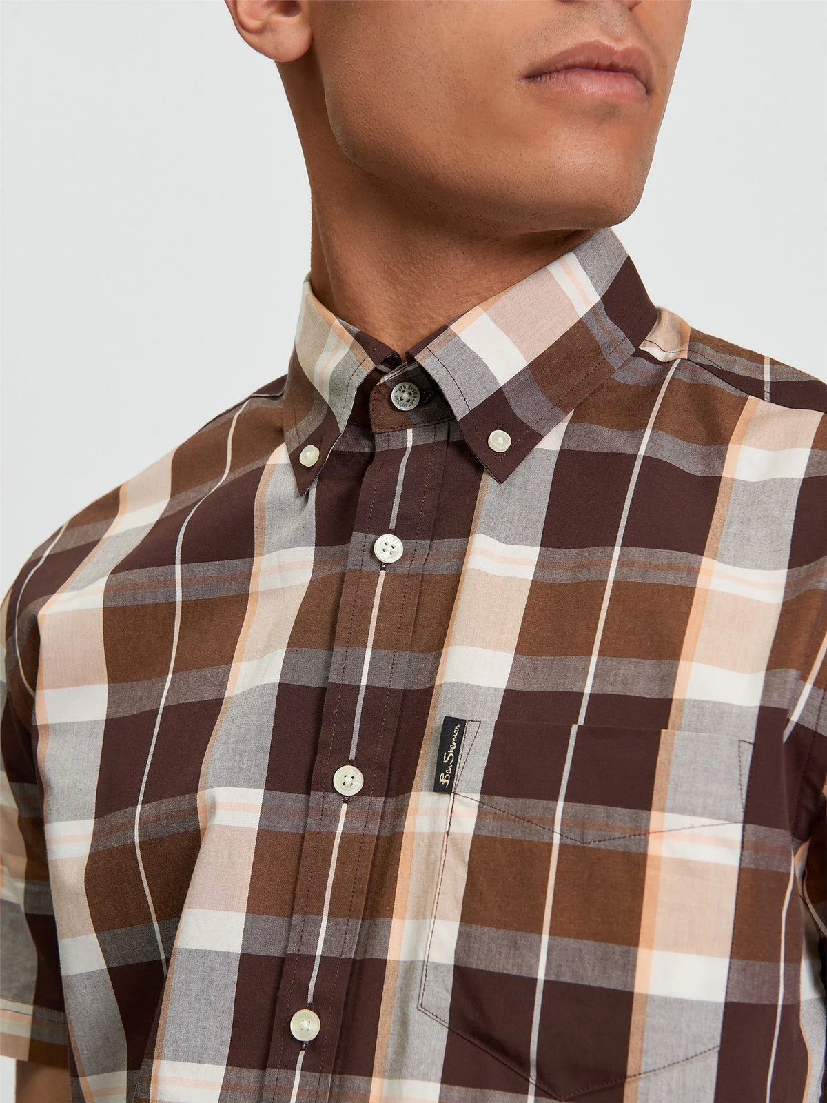 Ben Sherman dark brown check shirt, casual long-sleeve men's shirt with a classic block check pattern, crafted by RD1 Clothing.