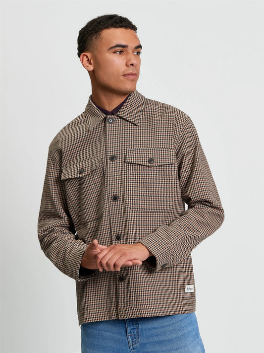 Ben Sherman check jacket in light brown, stylish men's jacket with a classic plaid pattern, featuring a button-up front and collar.