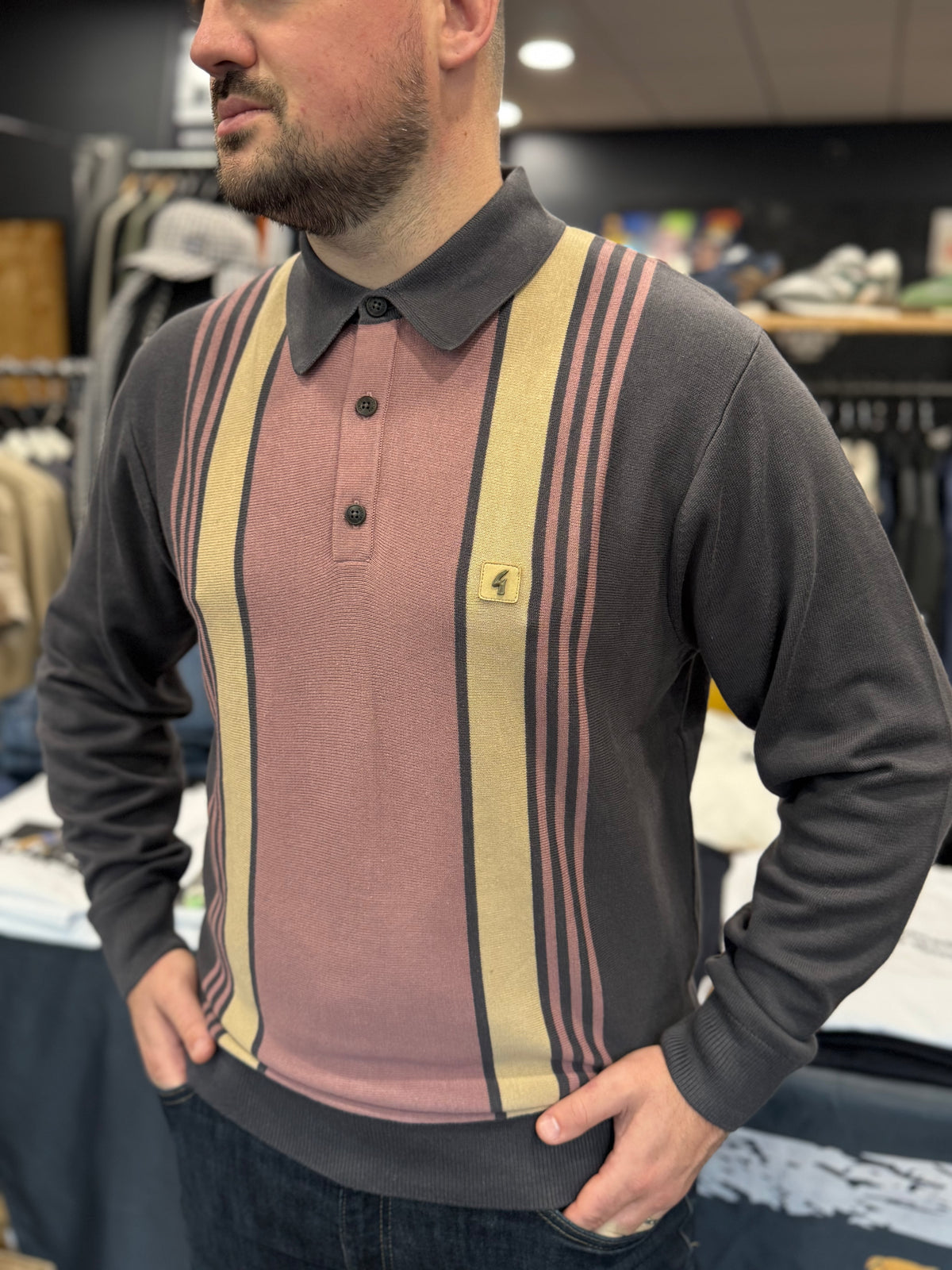 Gabicci Vintage Searle Stripe Knitted Polo Charcoal