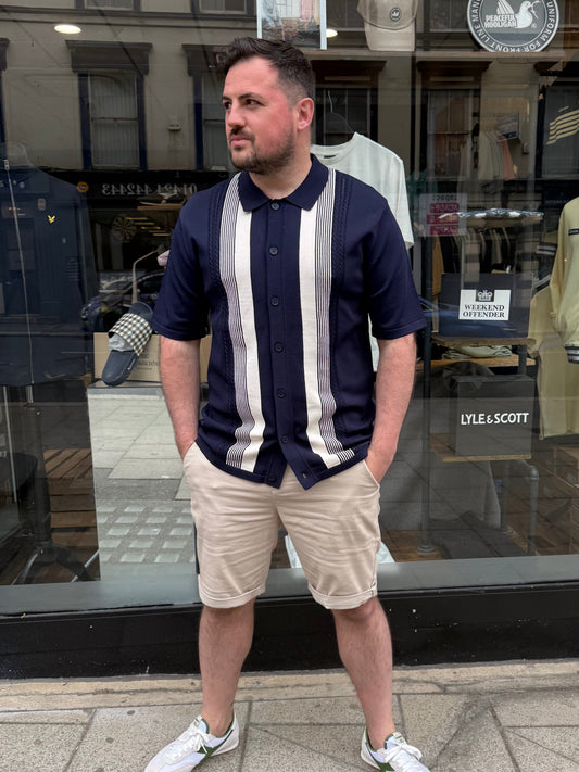 Arthur & Russell navy knitted stripe button-through polo shirt, showcasing a classic knitwear design with a collar and button placket.
