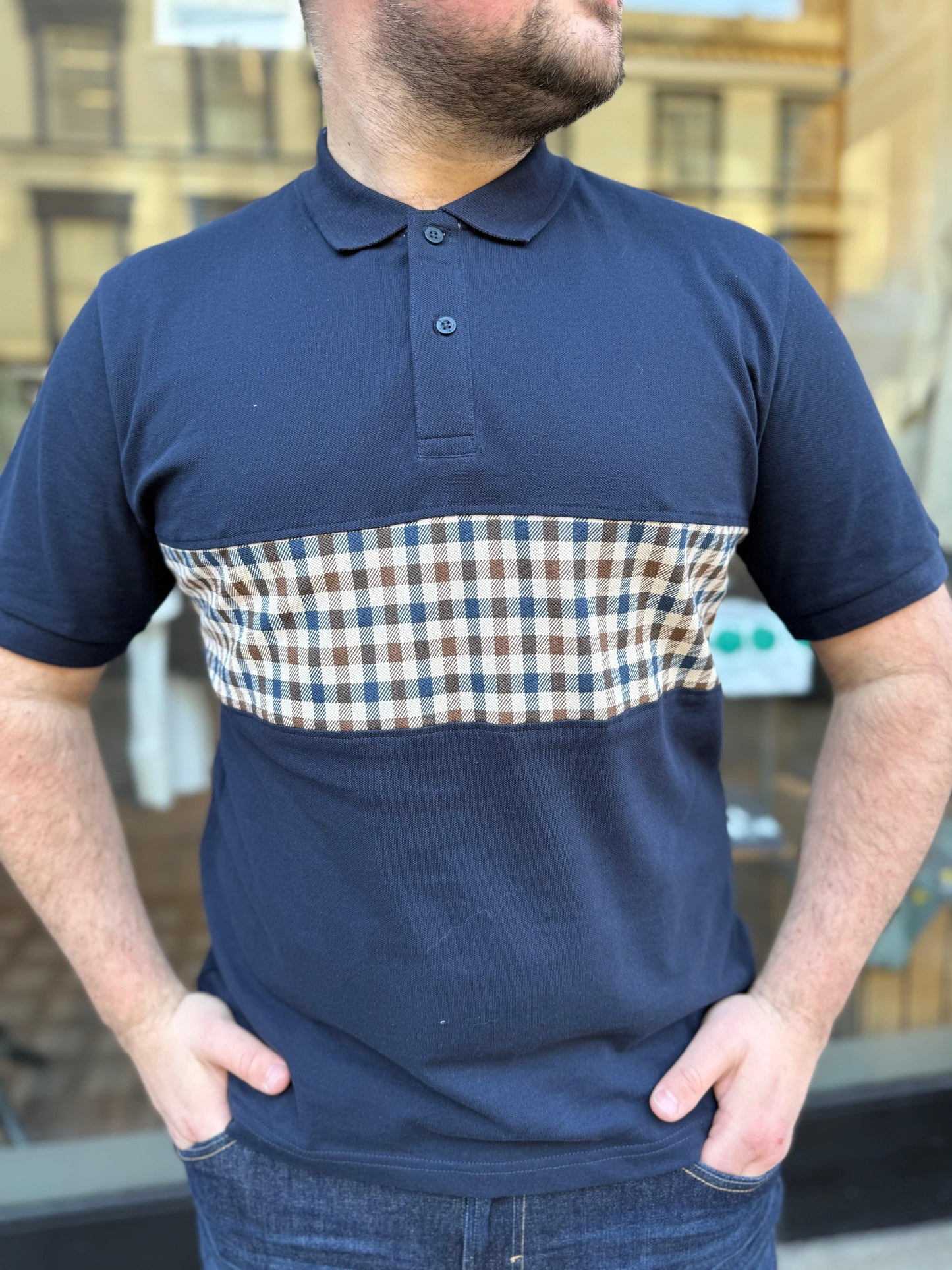 Aquascutum Club Check Stripe Polo Navy - RD1 Clothing