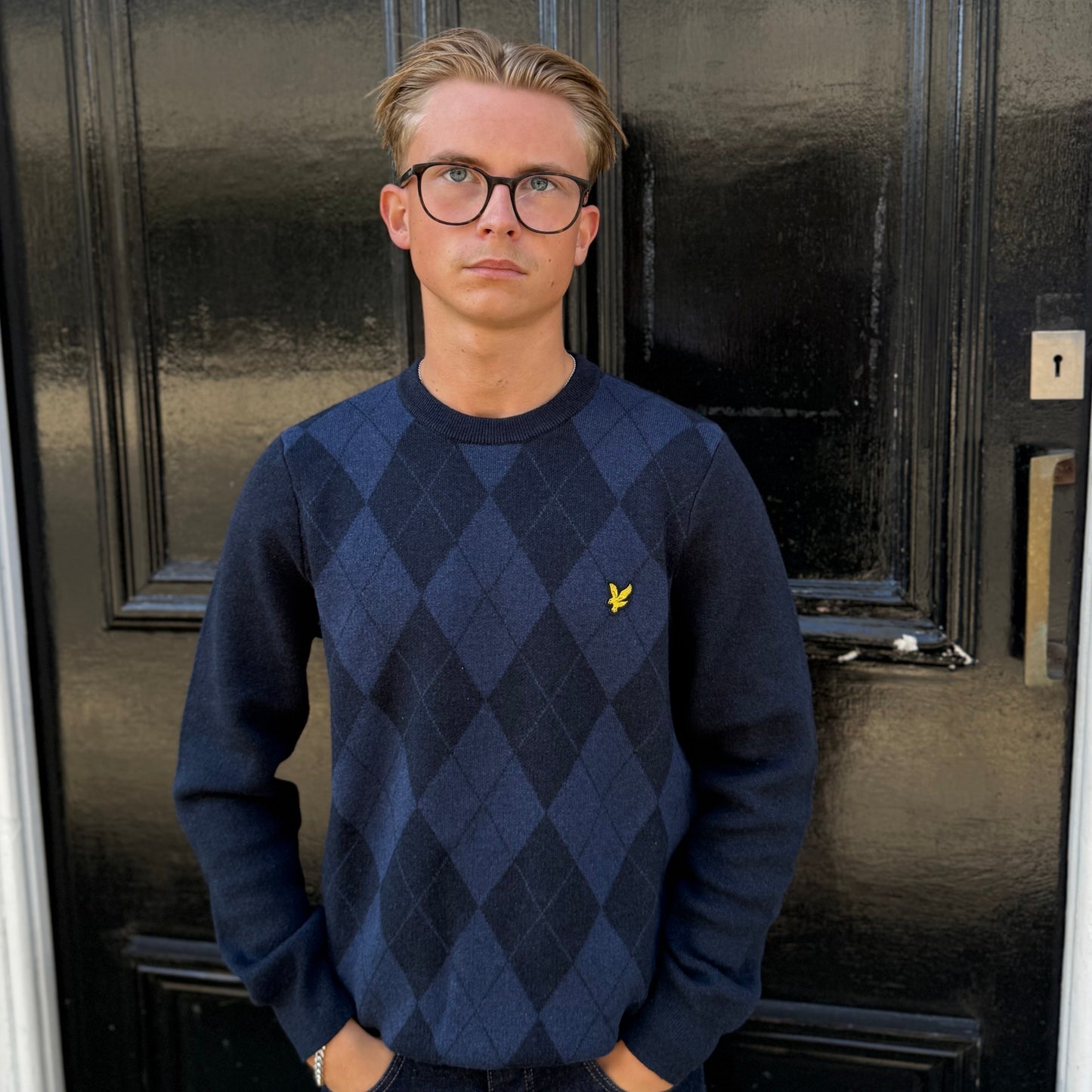 Lyle & Scott Cotton Merino Argyle Jumper Dark Navy Marl/Mid Navy Marl