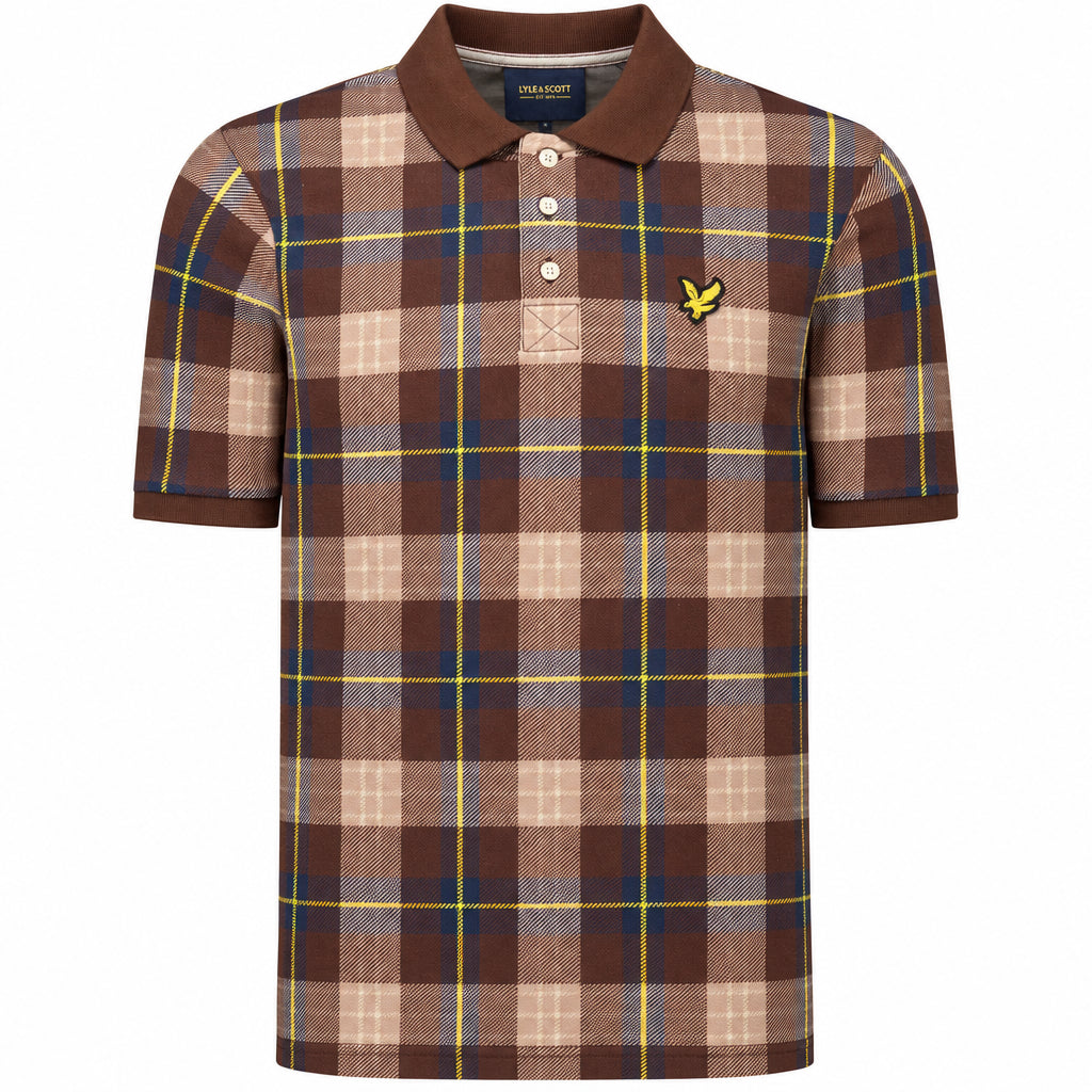 Lyle & Scott Archive Tartan Polo Shirt in brown, casual men's polo with all-over tartan pattern and classic collar.