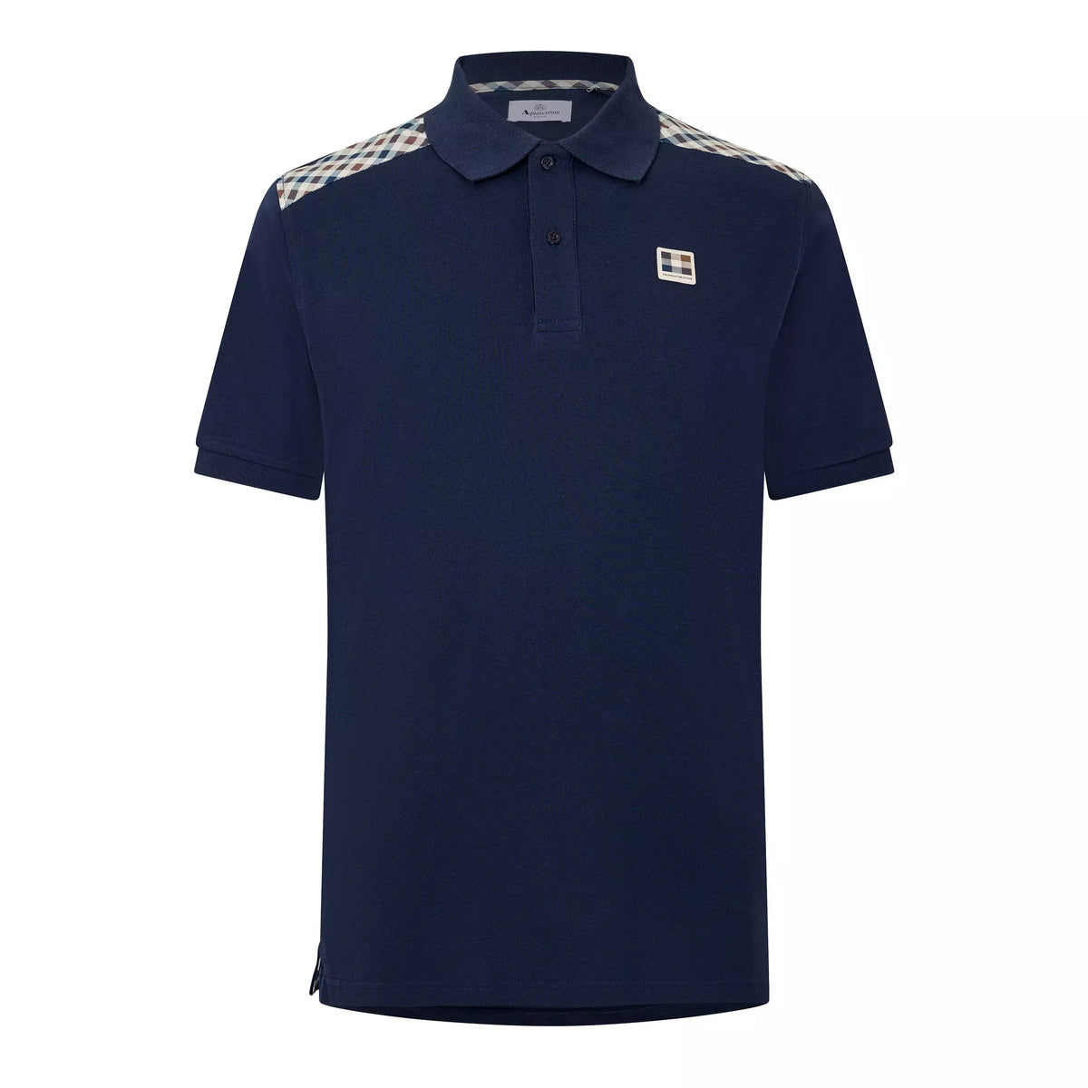 Navy Aquascutum Active Check shoulder polo shirt with classic pattern and collared design, shown on a plain background.