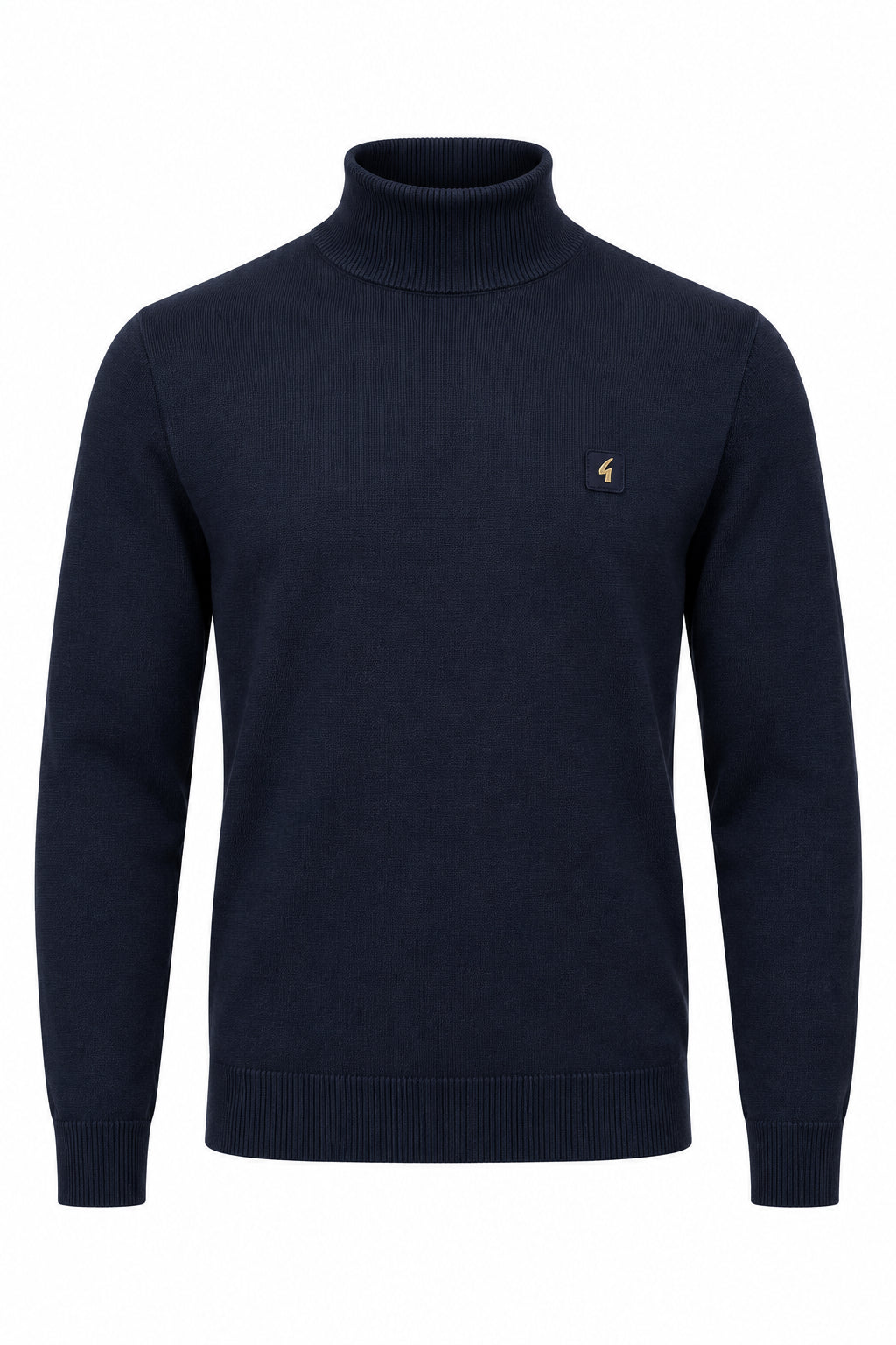 Gabicci Vintage Duke navy turtle neck knitwear, close-up of the navy-colored sweater with ribbed collar and textured knit pattern.