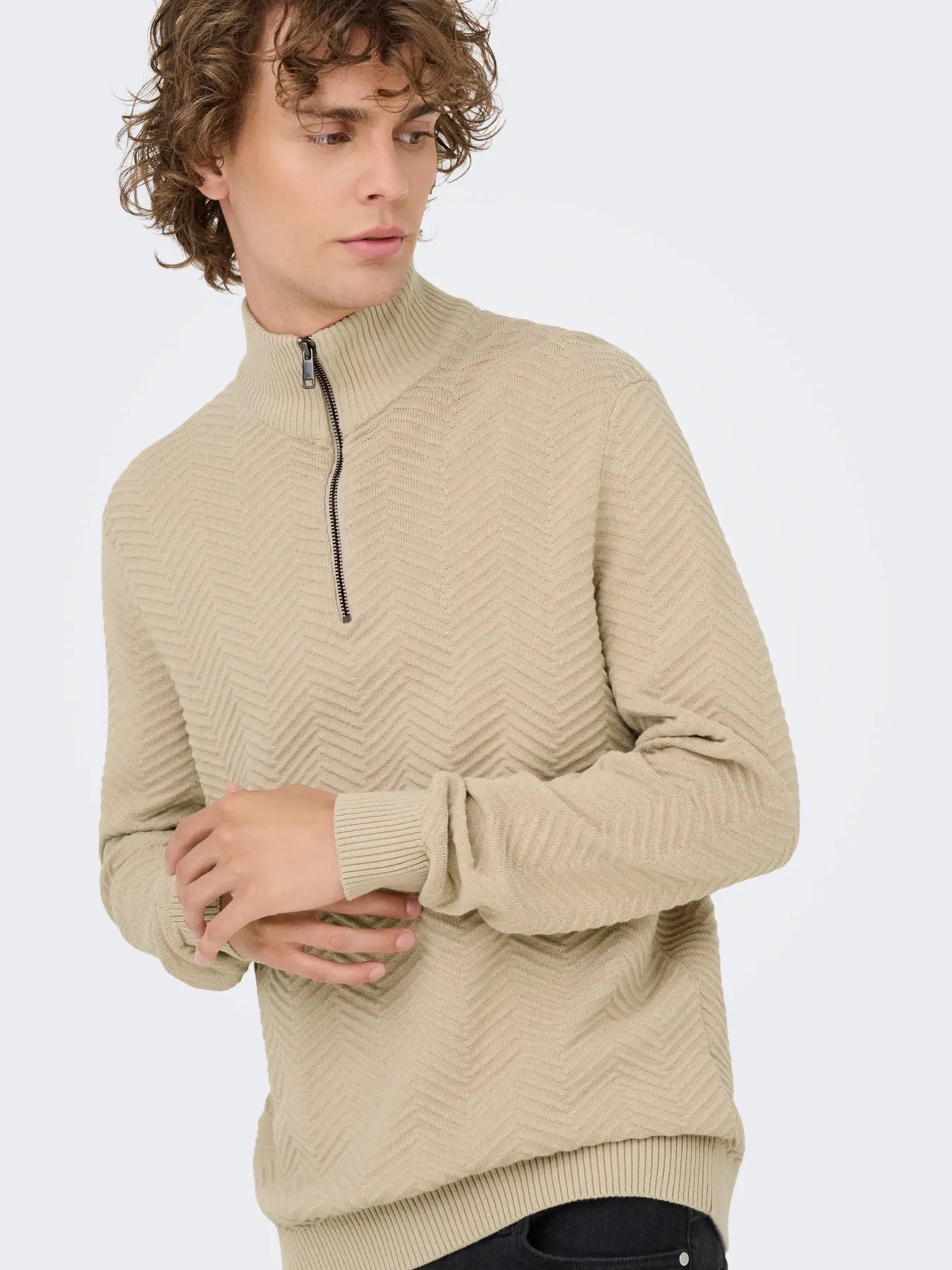 Only & Sons Onsmace Herringbone Half Zip Knitted Jumper Cream