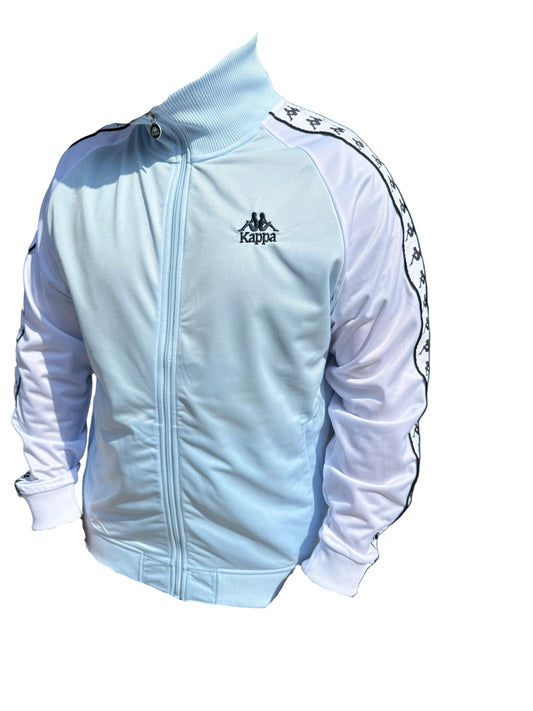 Kappa Uriah Sky Blue Track Top with Kappa logo, lightweight athletic jacket, front zip, and sporty design.