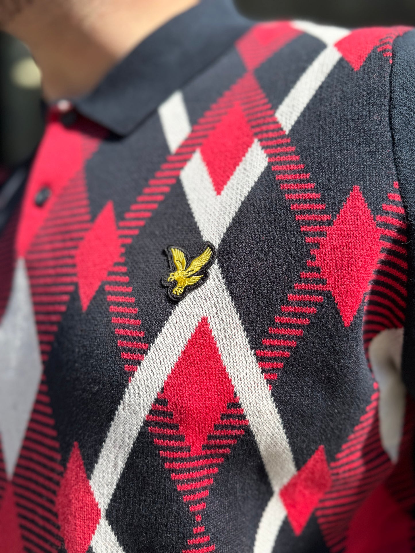 Lyle & Scott Cotton Argyle Short Sleeve Knitted Polo Dark Navy/Red Cherry
