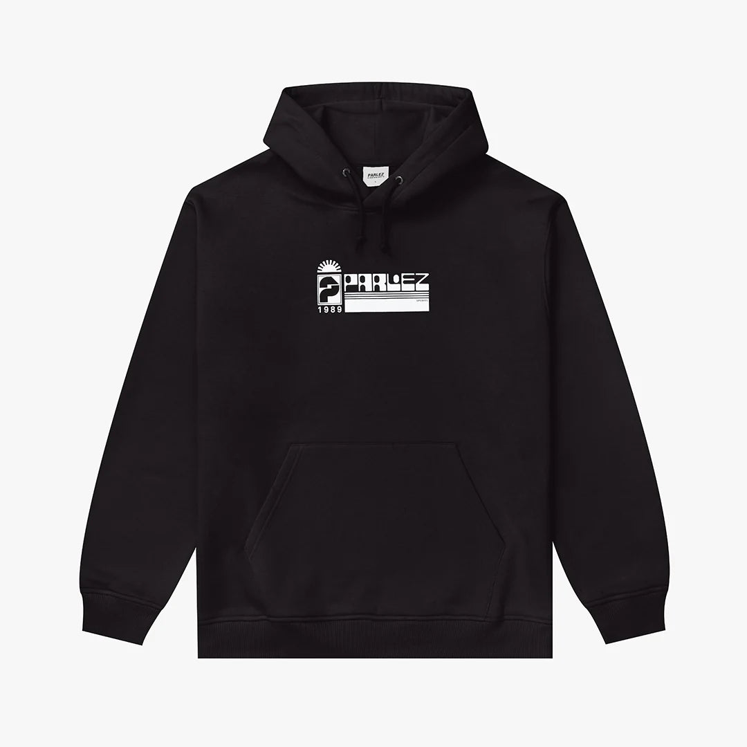 Black Parlez Ascent Hoodie with front pocket and drawstring hood, casual streetwear style.