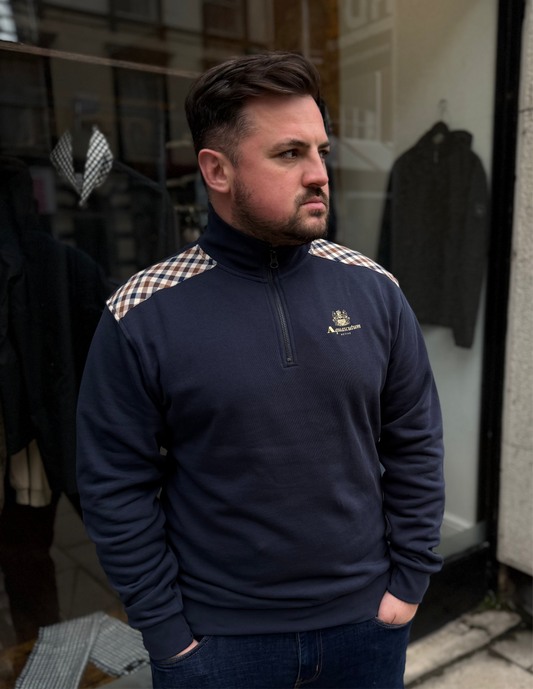 Aquascutum Active Club Check Shoulder Quarter Zip Jumper Navy - RD1 Clothing