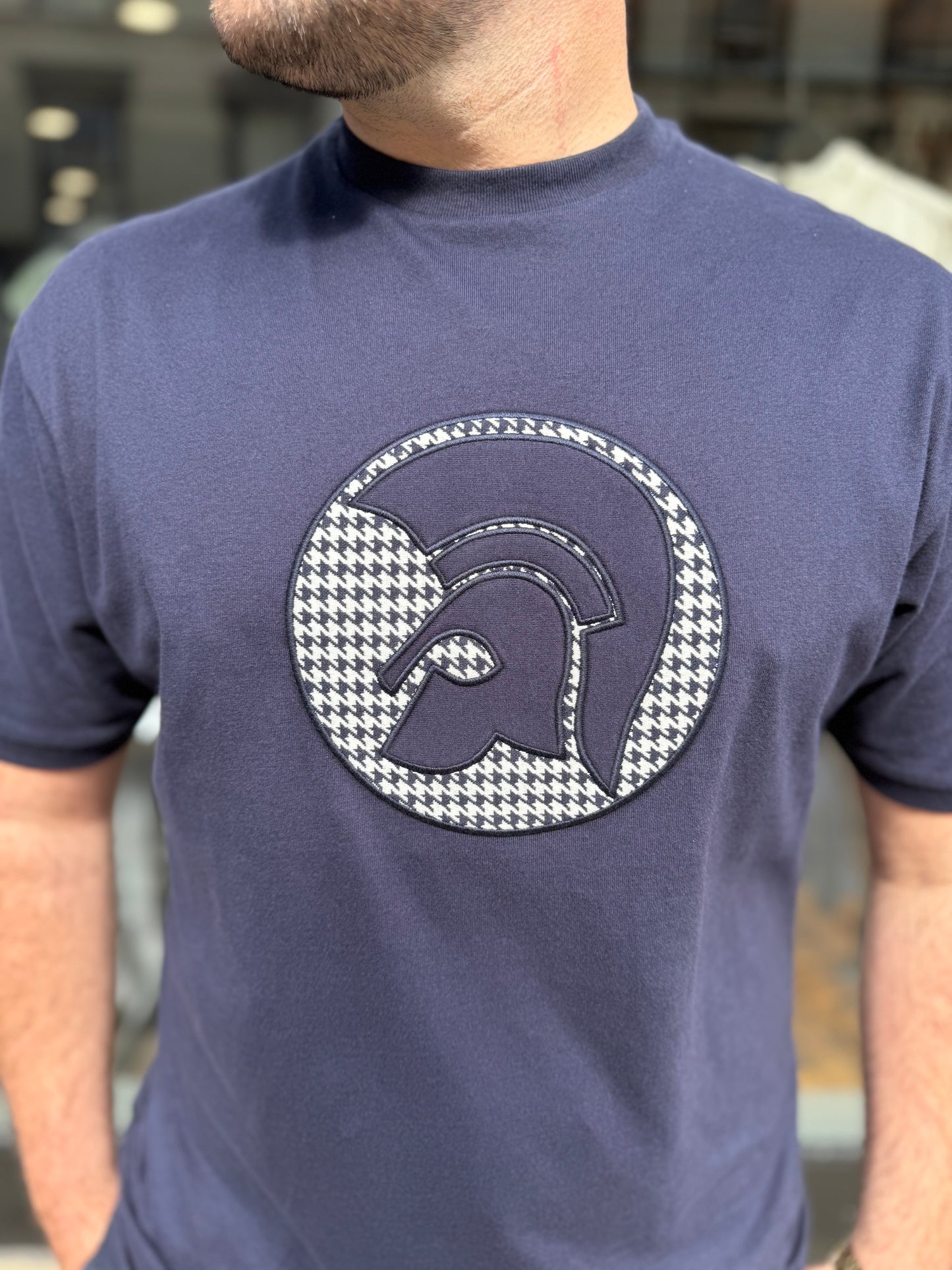 Trojan Applique Houndstooth Jacquard Tee Navy