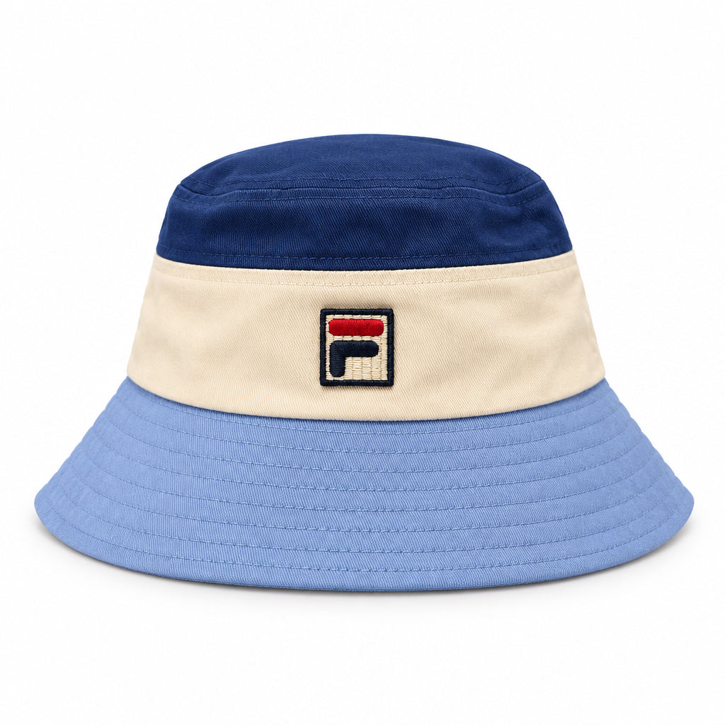 Fila Vintage Marco tri-color bucket hat in Frozen Fjord and Gardenia, featuring a stylish, colorful design and wide brim.