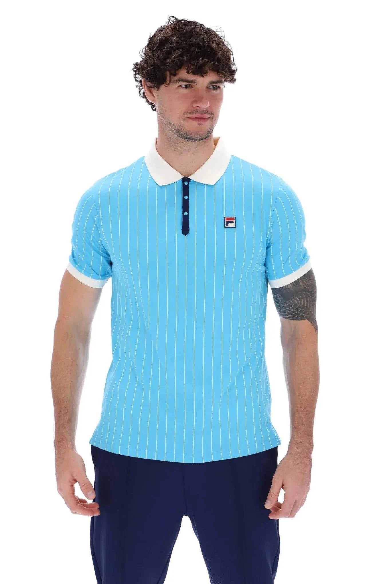 Fila BB1 Striped Polo In Cyan Blue/Gardenia/Navy - RD1 Clothing