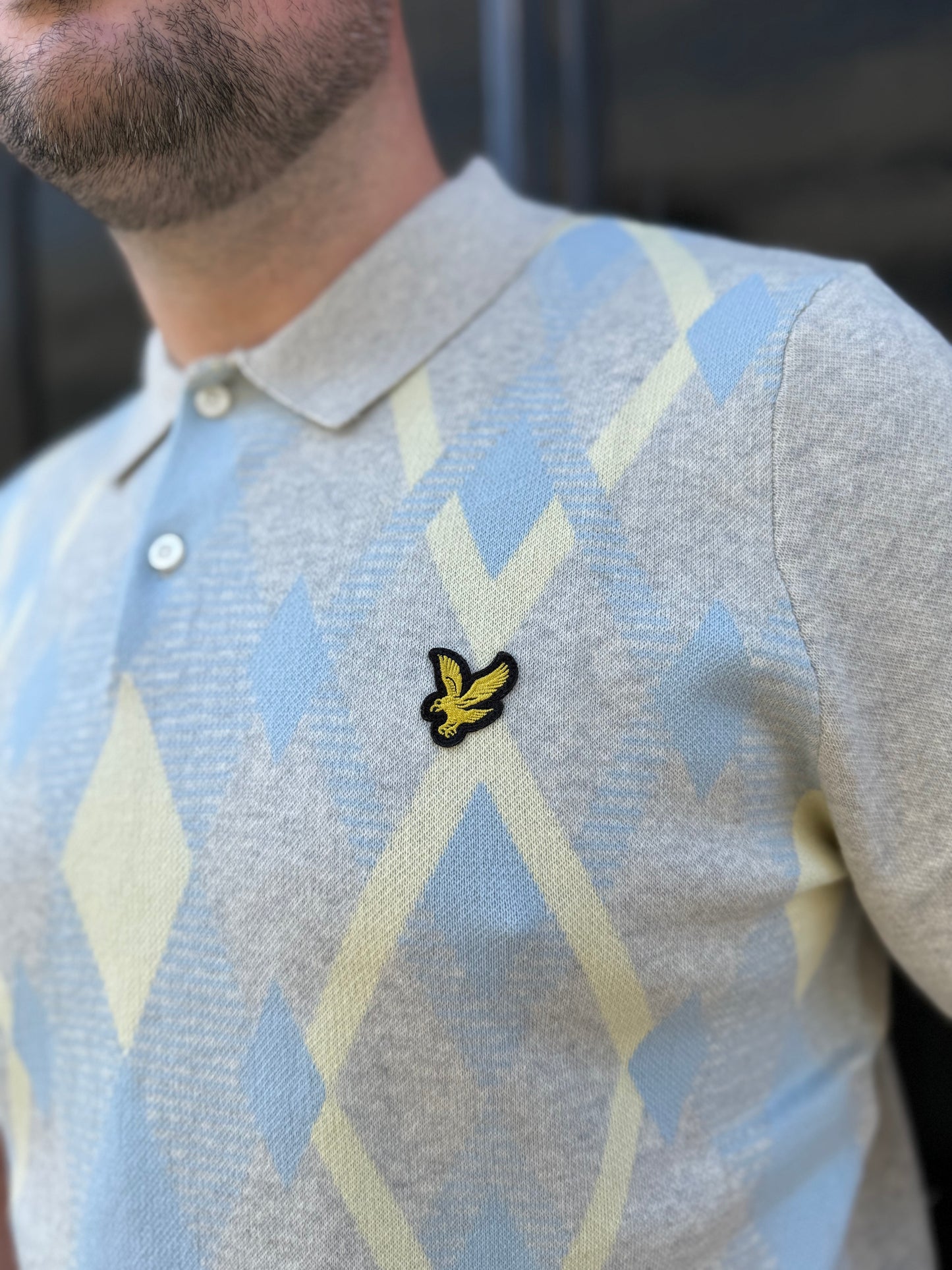 Lyle & Scott Cotton Argyle Short Sleeve Knitted Polo Light Grey Marl/ Opal Blue