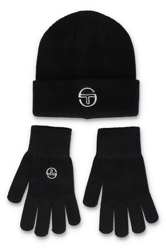 Black Sergio Tacchini Carrera beanie and gloves set, stylish winter apparel with brand logo, suitable for cold weather.