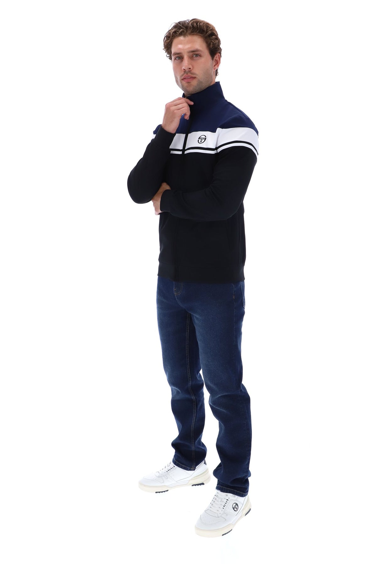 Sergio Tacchini Damarindo Track Top in maritime blue, white, and black with zip collar and sporty design.