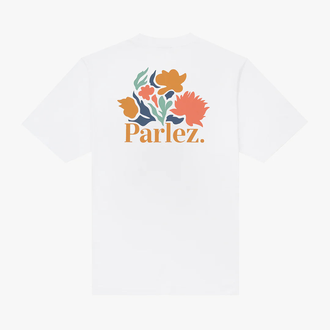 White Parlez Eldora T-Shirt by RD1 Clothing with front logo design and casual fit, displayed on a neutral background.