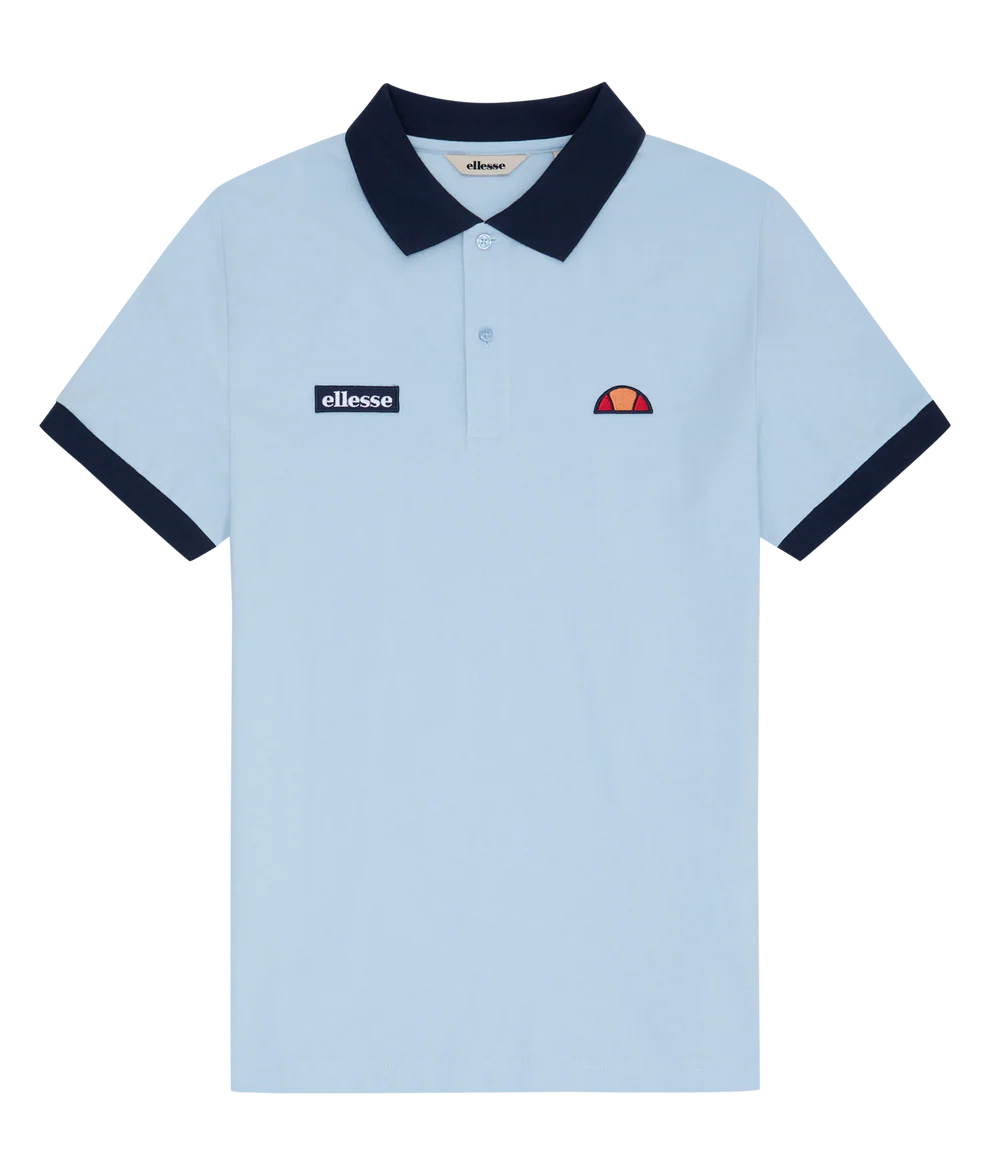 Ellesse Lessepsia men's polo shirt in light blue and navy, flat lay showing collar and button placket.