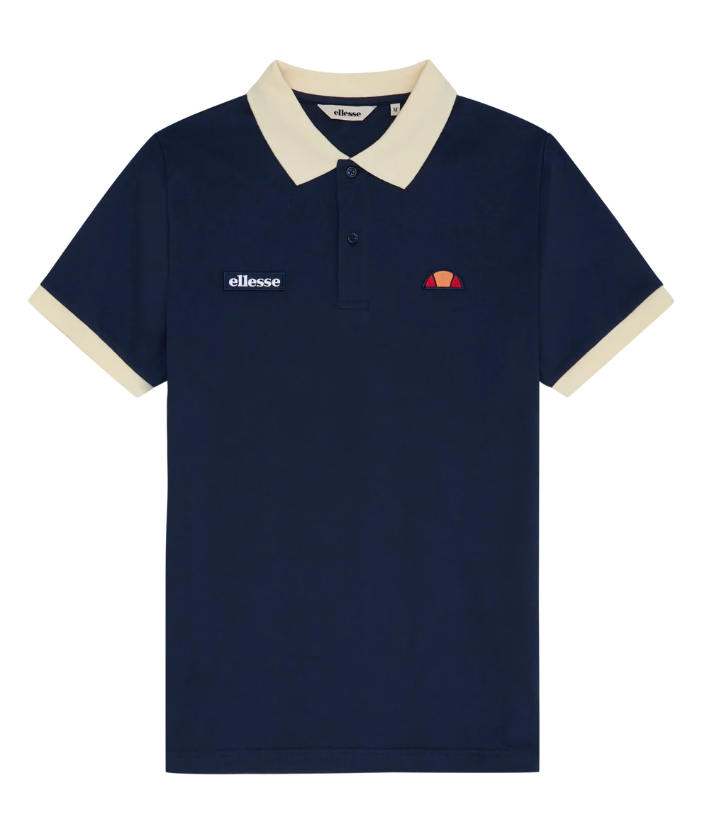 Ellesse Lessepsia polo shirt in navy and light yellow, men's casual polo with branding and classic design, flat lay image.