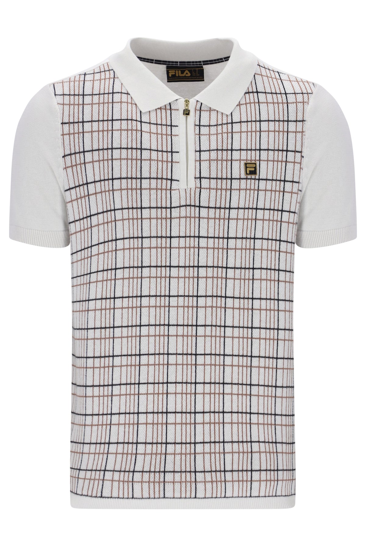 Fila Gold Enzo Knitted Check Zip Polo Shirt White Down