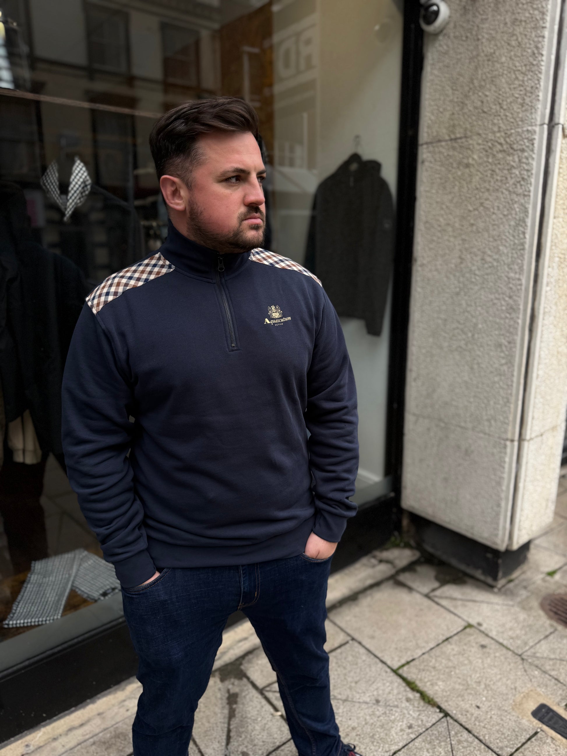 Aquascutum Active Club Check Shoulder Quarter Zip Jumper Navy - RD1 Clothing