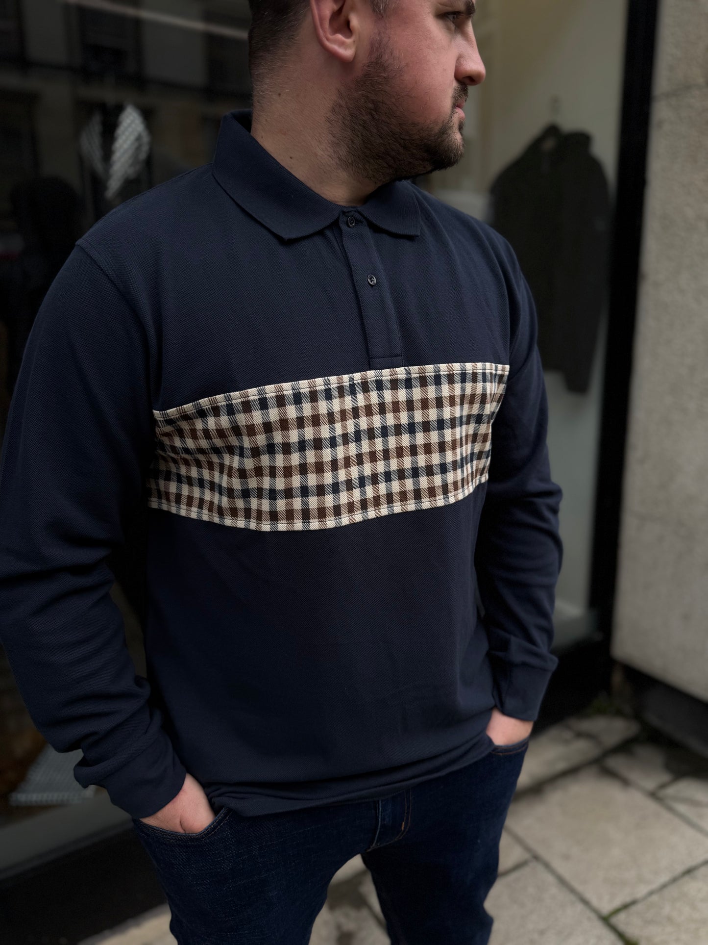 Aquascutum Active Club Check Stripe Long Sleeve Polo Navy