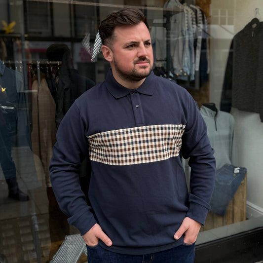 Aquascutum Active Club Check Stripe Long Sleeve Polo Navy - RD1 Clothing