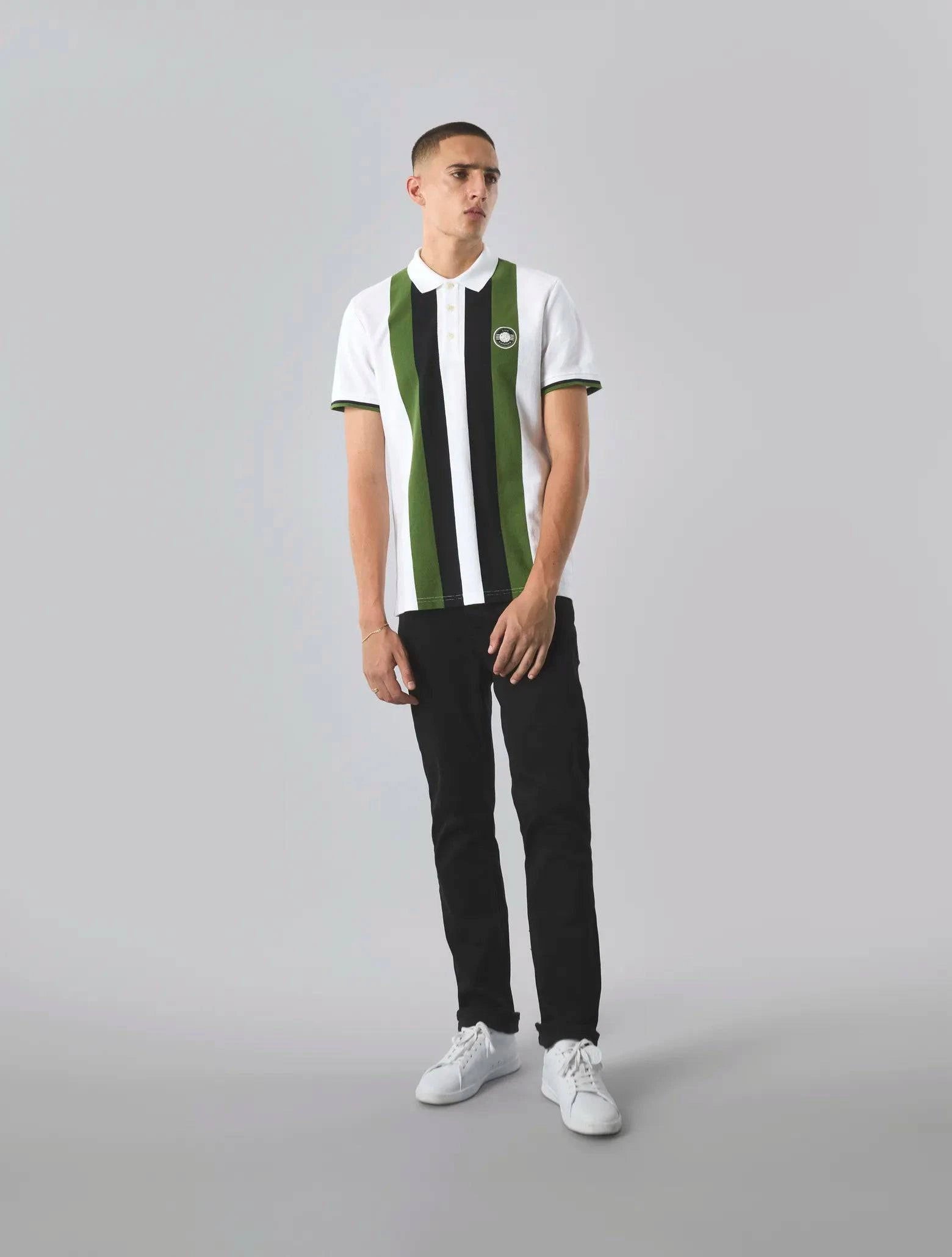 Pretty Green Live Forever Engineered Stripe Polo In White - RD1 Clothing