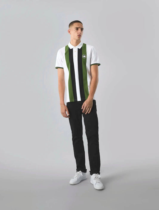Pretty Green Live Forever Engineered Stripe Polo In White - RD1 Clothing