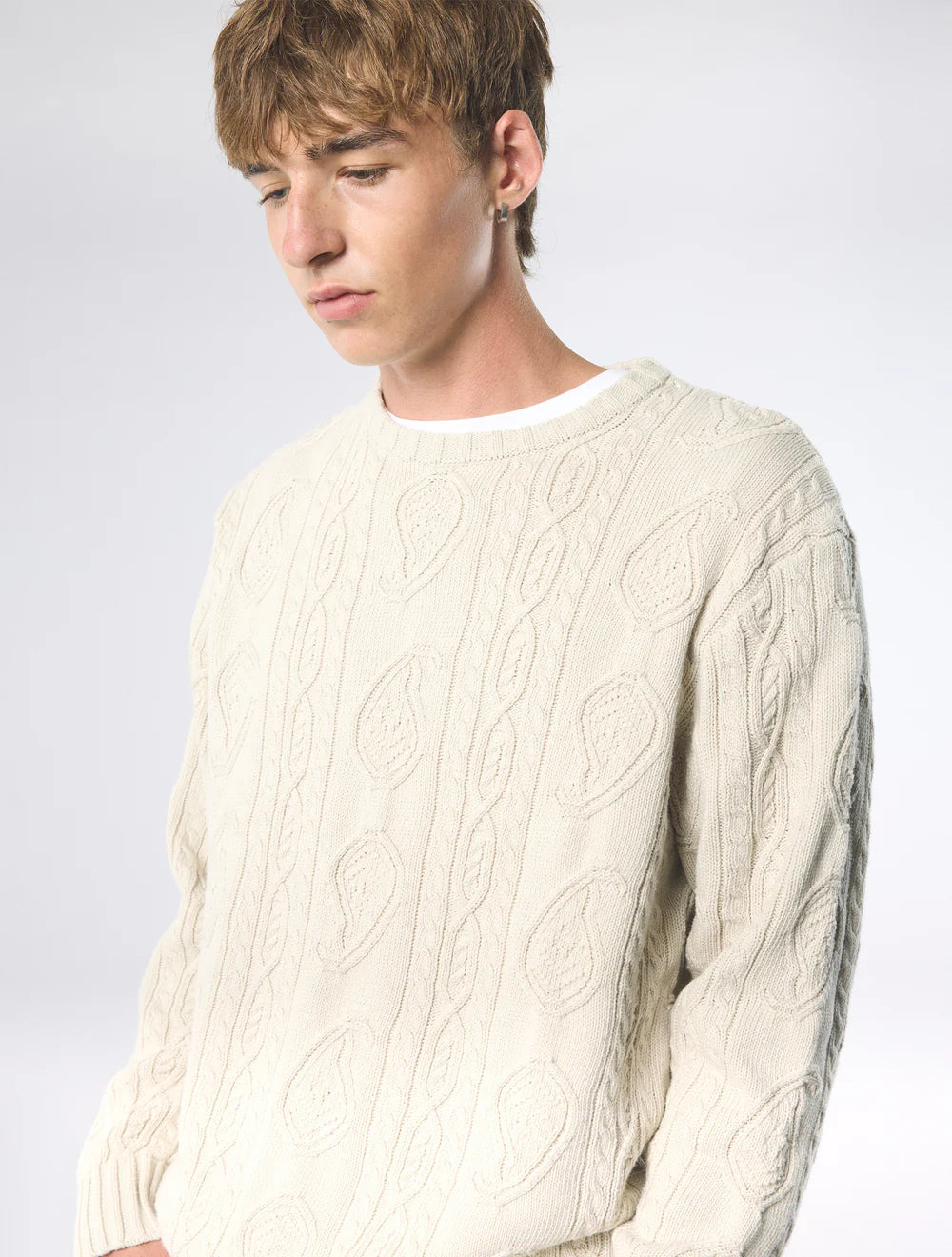 Pretty Green Marylebone Paisley Cable Knit Jumper Stone - RD1 Clothing