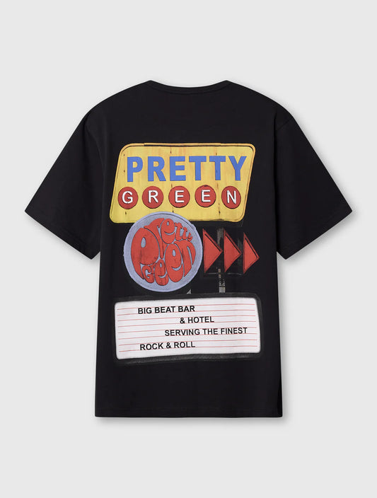 Black Pretty Green Big Beat Hotel T-Shirt with graphic design, casual fit, and soft cotton fabric.