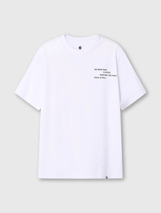 White Pretty Green Big Beat Hotel T-Shirt with graphic design, casual fit, and soft cotton fabric.