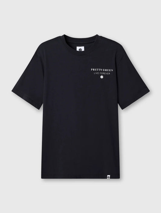 Pretty Green black Refractive T-Shirt displayed flat, showcasing its sleek design and soft cotton fabric.