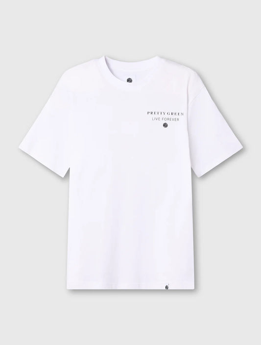 White Pretty Green Refractive T-Shirt with a sleek fit, featuring the brand's logo on the front, displayed on a plain background.