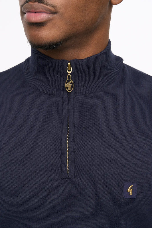 Gabicci Vintage navy lasso knitted quarter zip knitwear, featuring a textured knit pattern and ribbed collar.