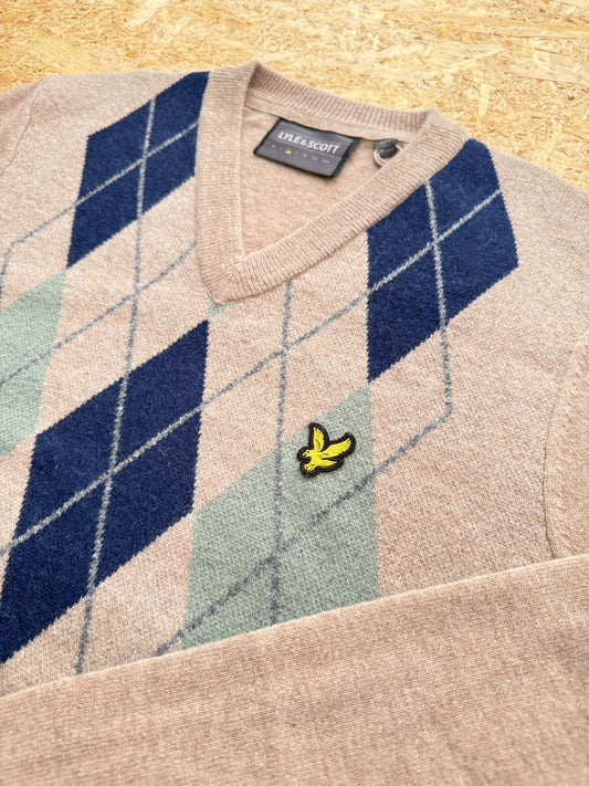 Lyle & Scott Argyle V-neck Jumper Oatmeal/Sage Leaf - RD1 Clothing