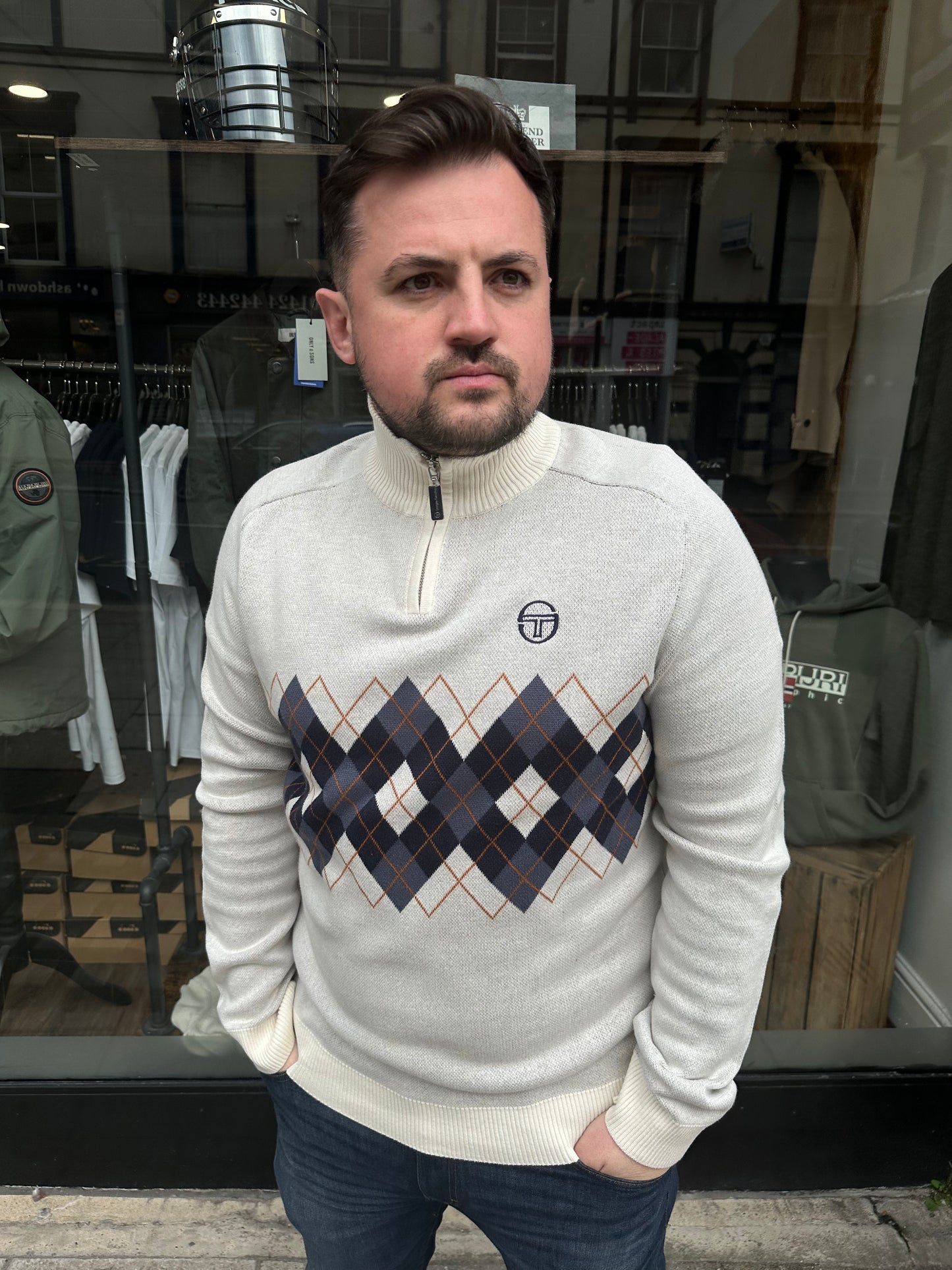 Sergio Tacchini Sangro Argyle Quarter Zip Jumper Gardenia