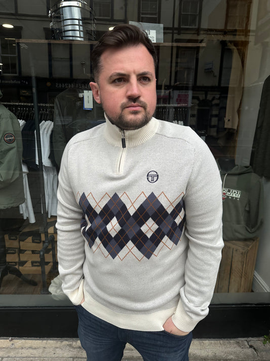 Sergio Tacchini Sangro Argyle Quarter Zip Jumper Gardenia - RD1 Clothing