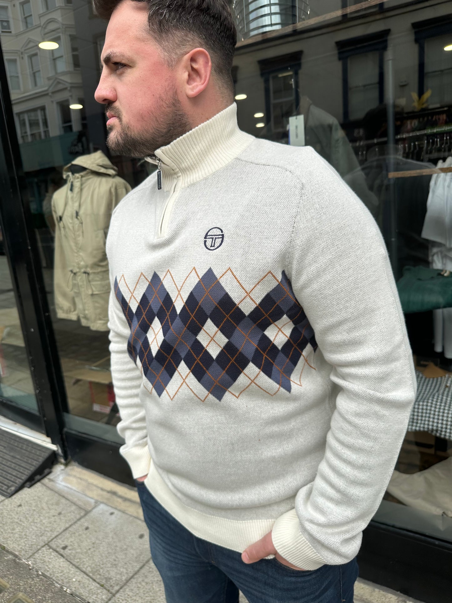 Sergio Tacchini Sangro Argyle Quarter Zip Jumper Gardenia