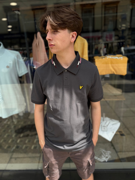 Lyle & Scott Striped Tipped Polo Shirt Gunmetal/ Foam - RD1 Clothing