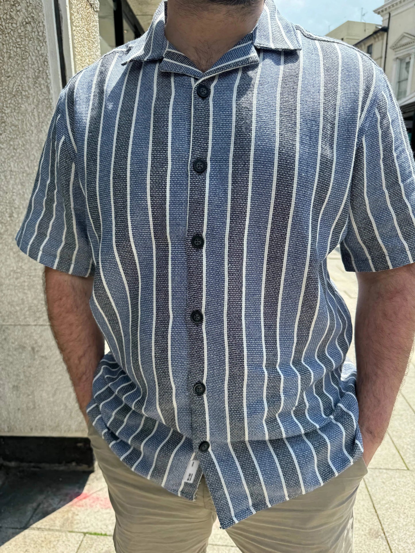 Only & Sons Struc 3 Stripe Shirt in Navy Blazer - RD1 Clothing