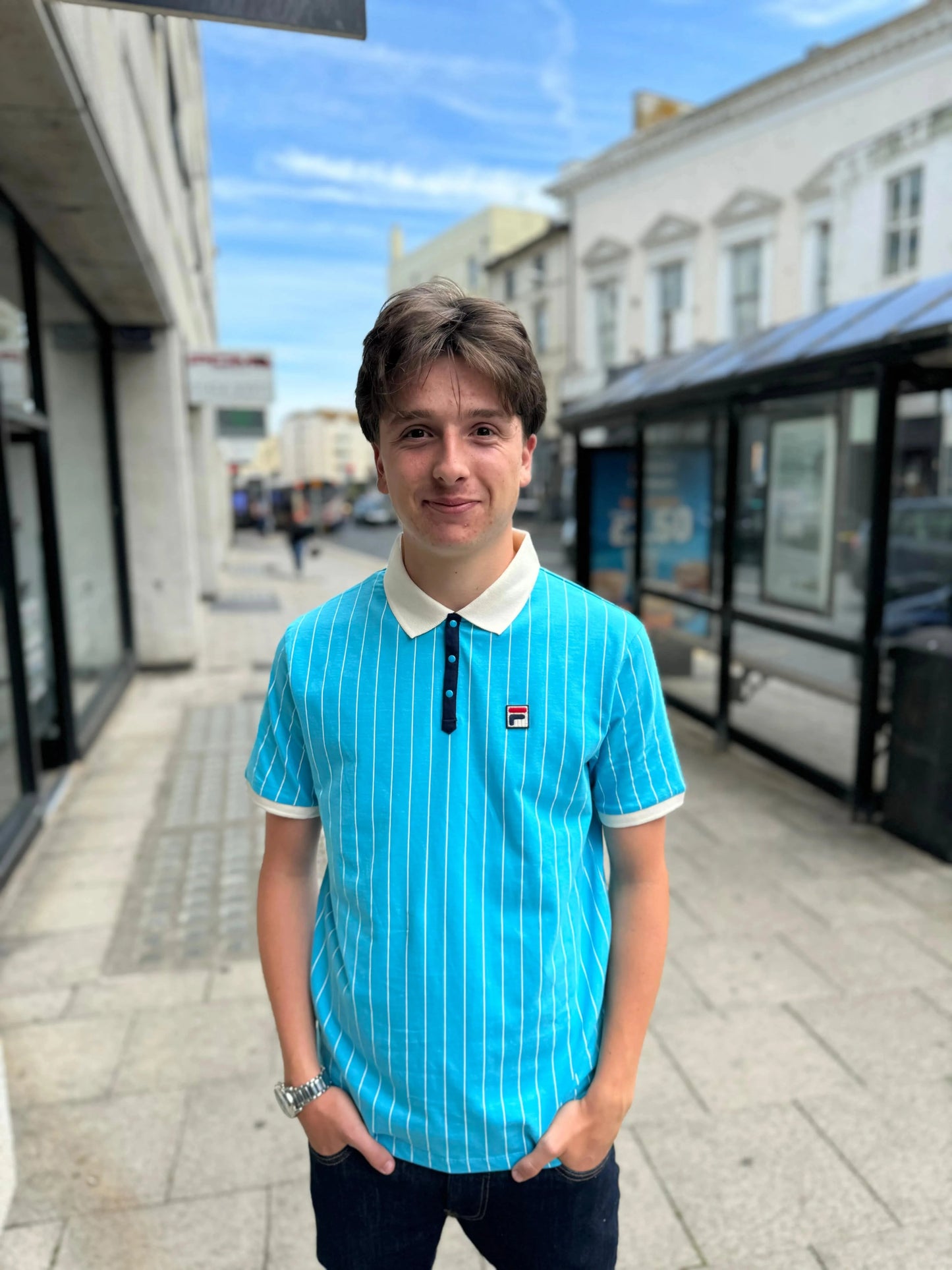 Fila BB1 Striped Polo In Cyan Blue/Gardenia/Navy - RD1 Clothing