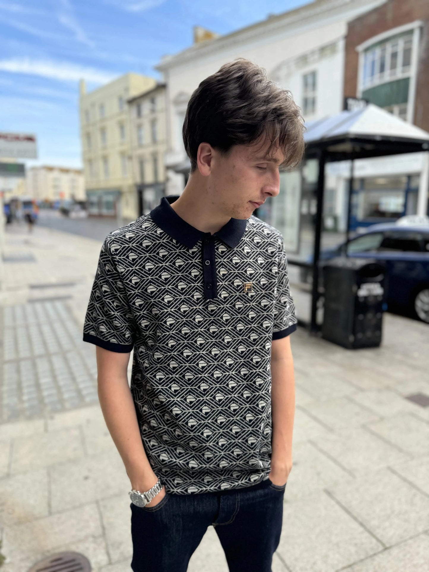 Fila Zano Geo Pattern Polo In Black/Abby Stone - RD1 Clothing