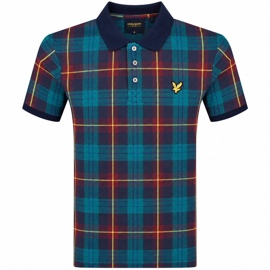 Navy Lyle & Scott Archive Tartan Polo Shirt featuring all-over tartan pattern and classic collar, made of soft cotton fabric.