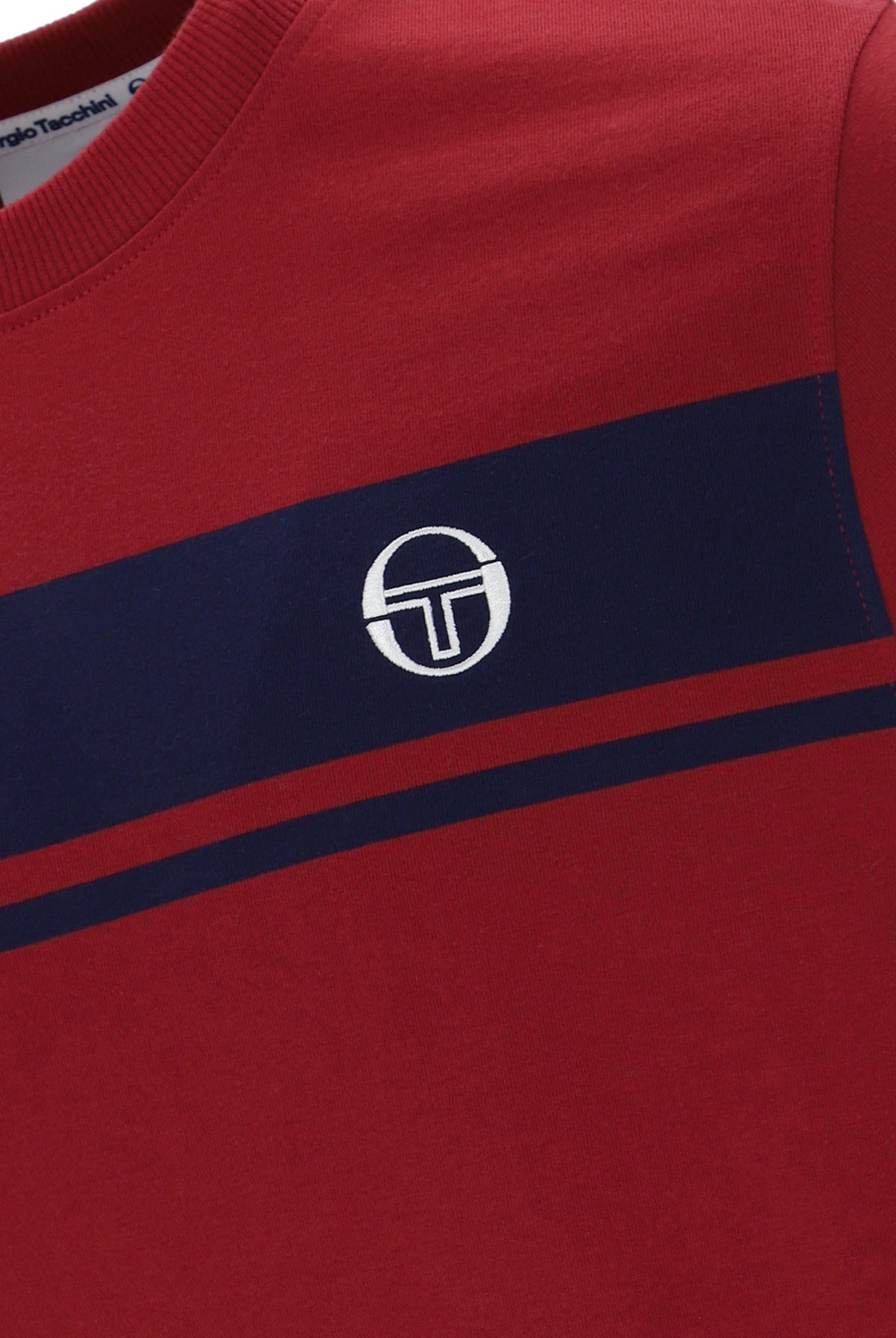 Sergio Tacchini Masters T-Shirt in Merlot and Maritime Blue, front view showing the casual fit and color-block design.