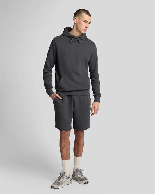 Lyle & Scott cotton sweat shorts in gunmetal gray showing a casual fit with an elastic waistband and side pockets.