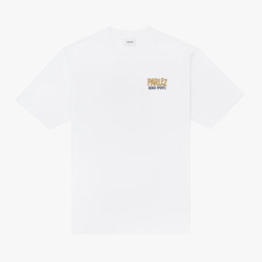 White Parlez Myer T-Shirt, casual short-sleeve shirt with crew neckline, soft fabric, and subtle branding logo.