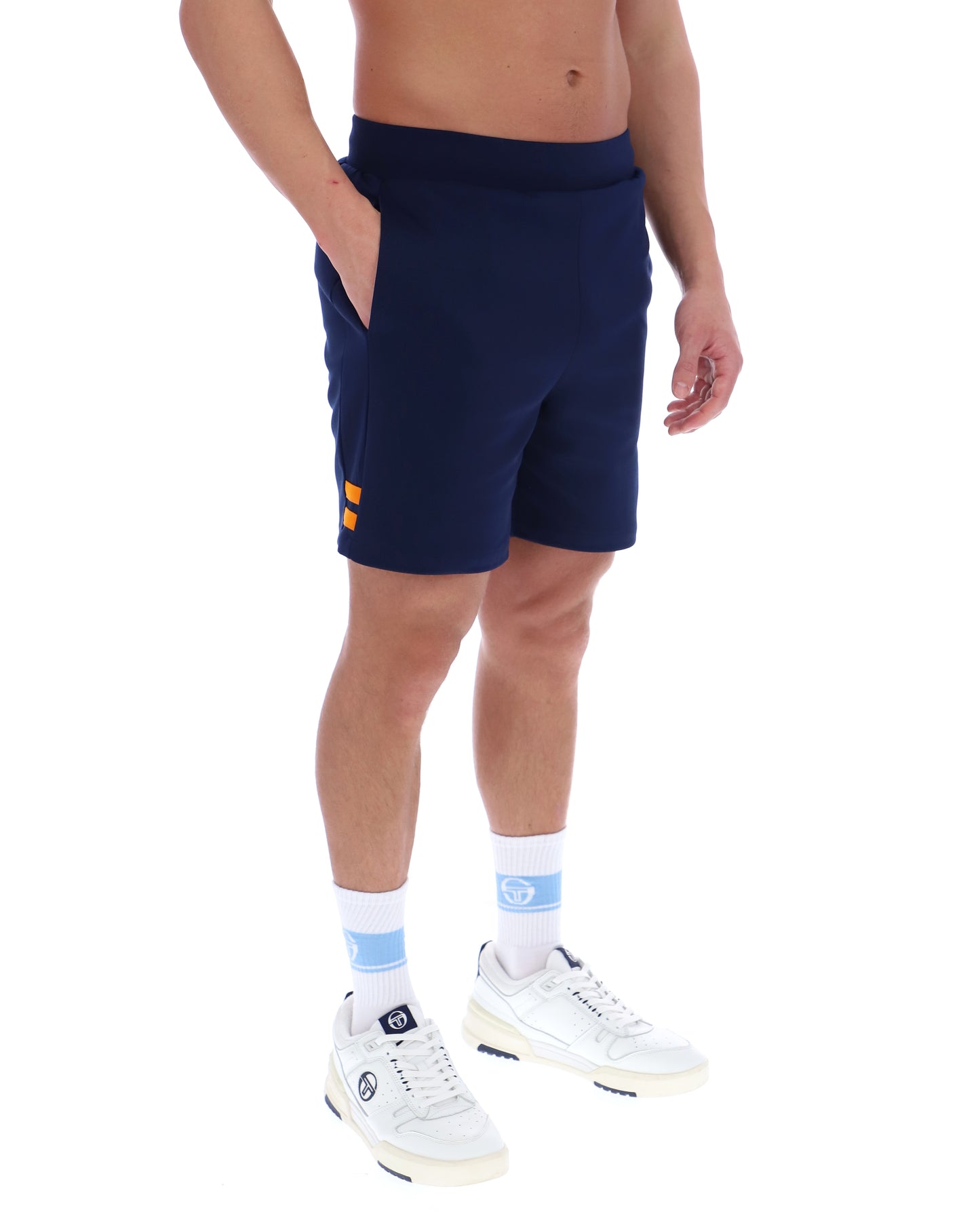Sergio Tacchini New Orion Shorts in maritime blue and orange pepper color, casual athletic shorts with a sporty design.
