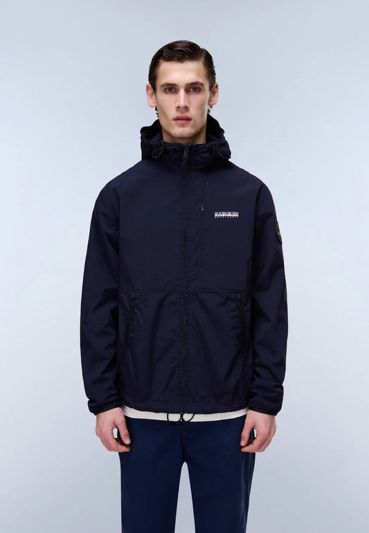 Navy Napapijri Tundra jacket with hood and zip closure, displayed on a hanger against a plain background.